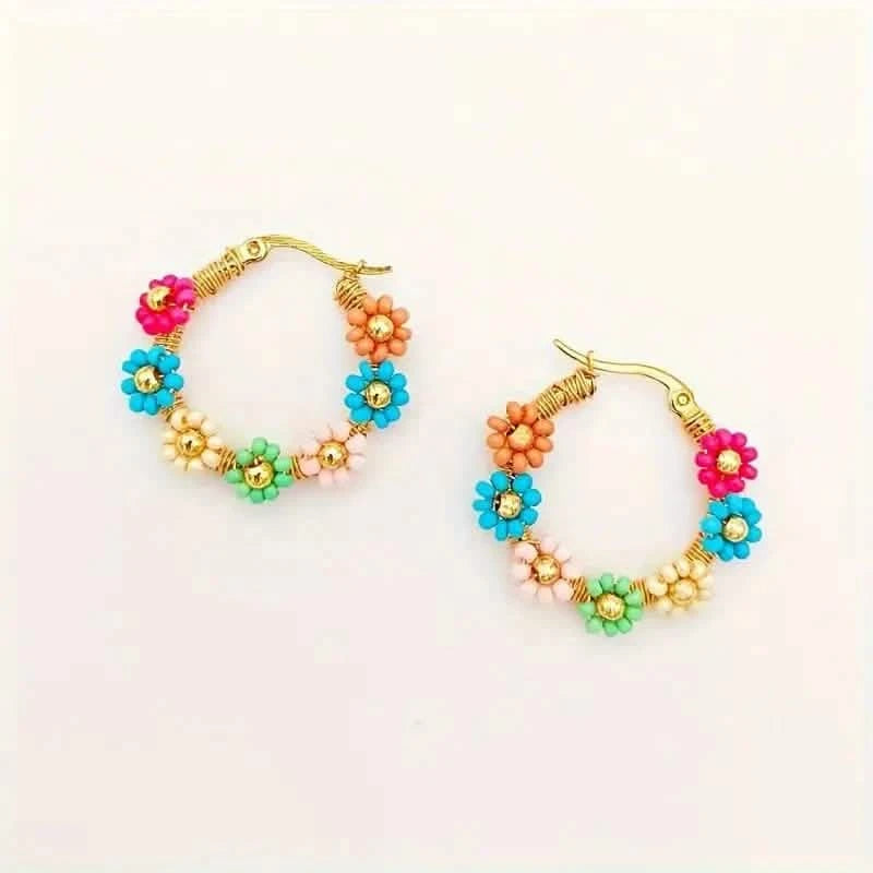Bohemian Style Stainless Steel Beaded Flower Decor Hoop Earrings Earrings - DailySale