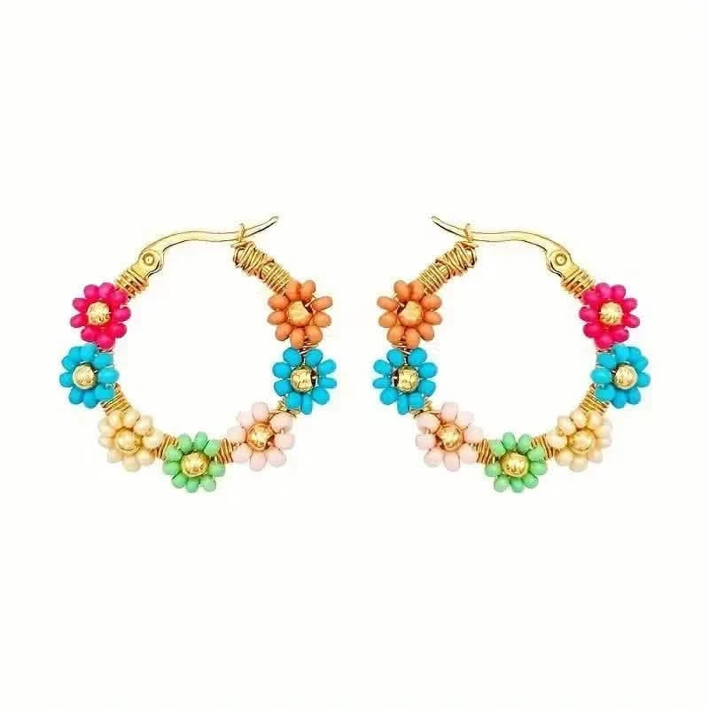 Bohemian Style Stainless Steel Beaded Flower Decor Hoop Earrings Earrings - DailySale