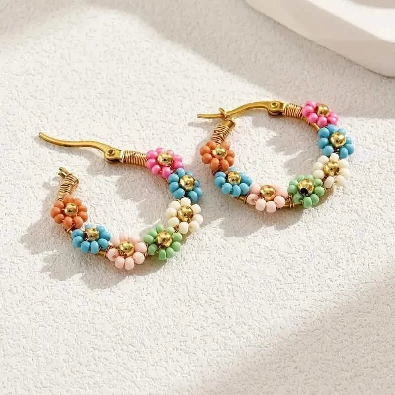 Bohemian Style Stainless Steel Beaded Flower Decor Hoop Earrings Earrings - DailySale