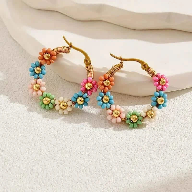 Bohemian Style Stainless Steel Beaded Flower Decor Hoop Earrings Earrings - DailySale