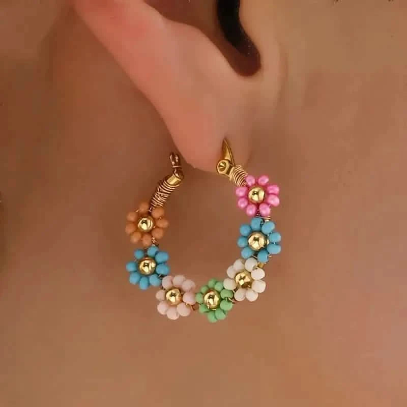 Bohemian Style Stainless Steel Beaded Flower Decor Hoop Earrings Earrings - DailySale
