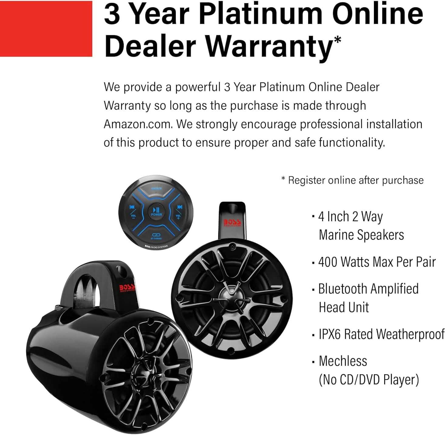 BOSS Audio Systems MG150T.4 Marine ATV UTV Waketower Speakers Gauge Receiver (Built-in 2 CH Amplifier) (Refurbished) Speakers - DailySale