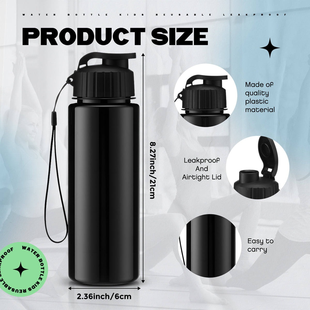 Bottle dimensions: 8.27 inches tall by 2.36 inches wide, leakproof airtight lid