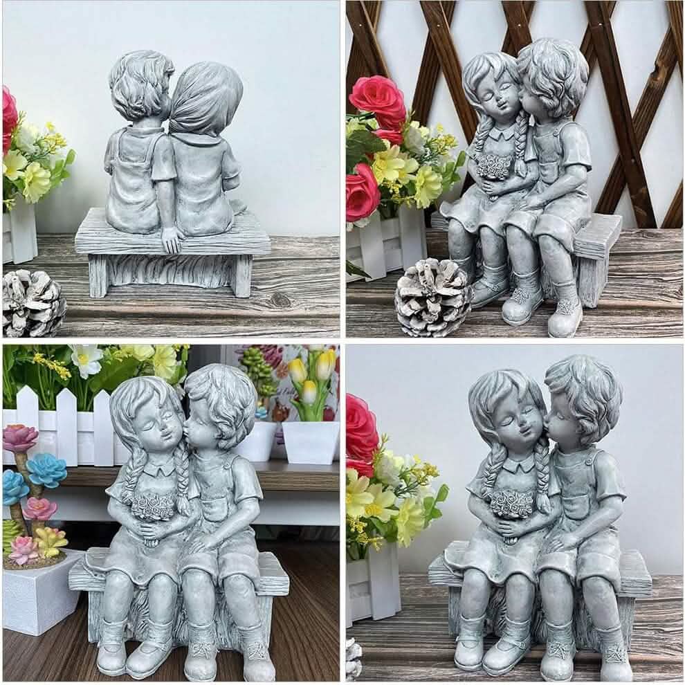 Boy Kissing Girl Statue Sitting on Bench Figurine Garden & Patio - DailySale