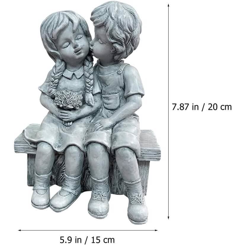 Boy Kissing Girl Statue Sitting on Bench Figurine Garden & Patio - DailySale