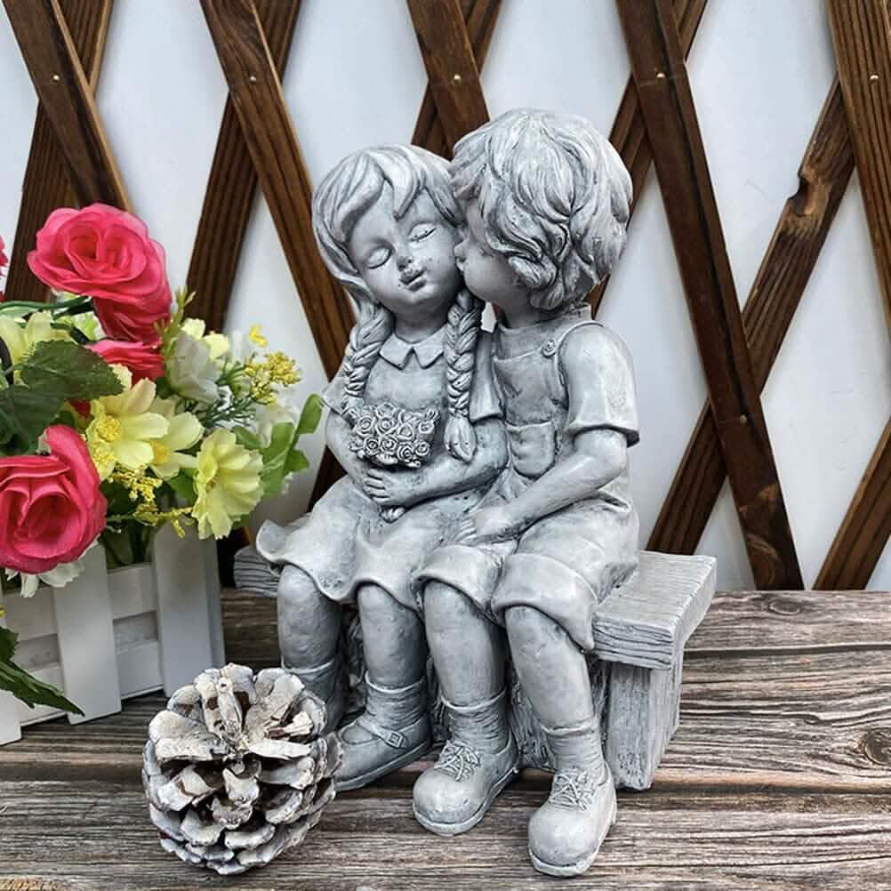 Boy Kissing Girl Statue Sitting on Bench Figurine Garden & Patio - DailySale