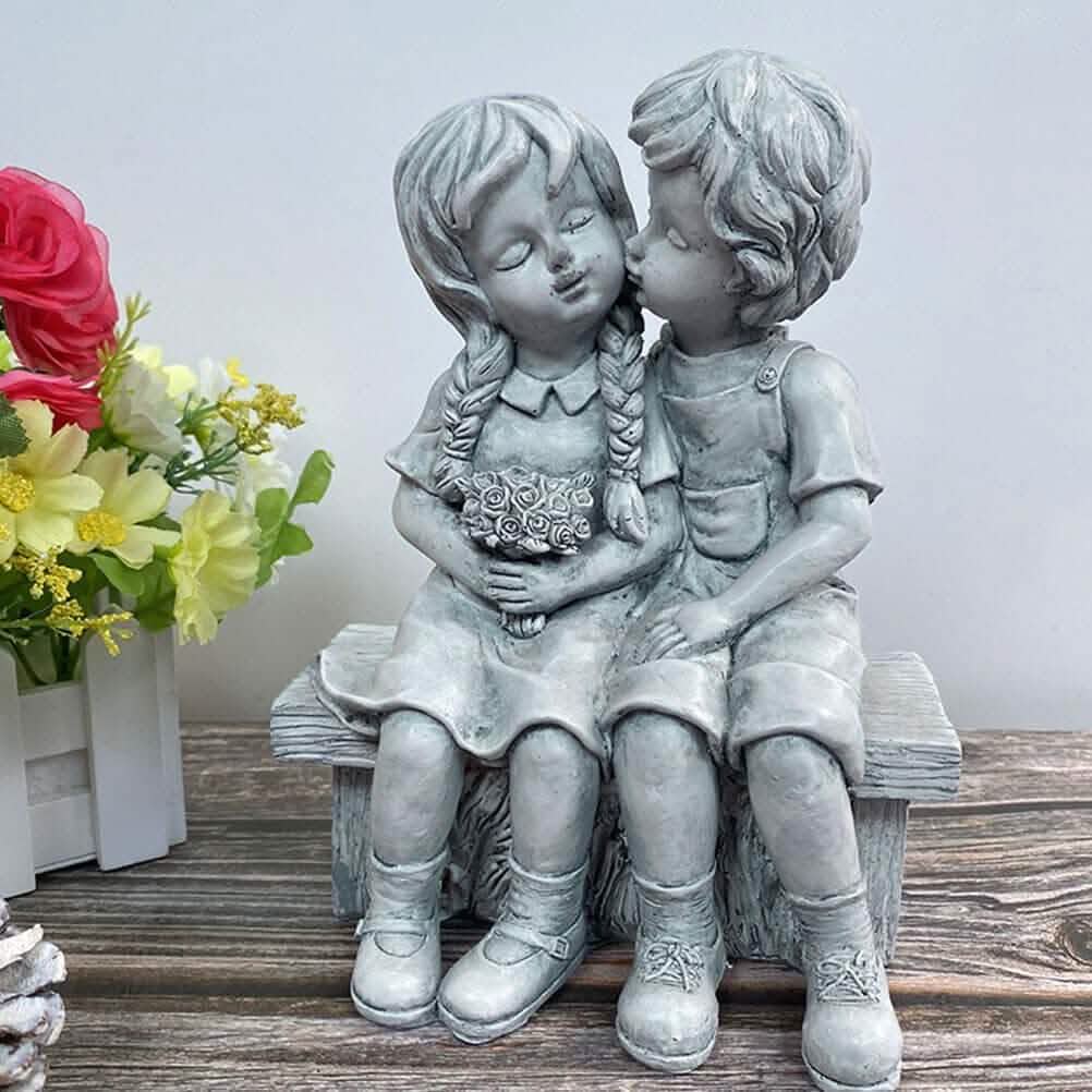 Boy Kissing Girl Statue Sitting on Bench Figurine Garden & Patio - DailySale
