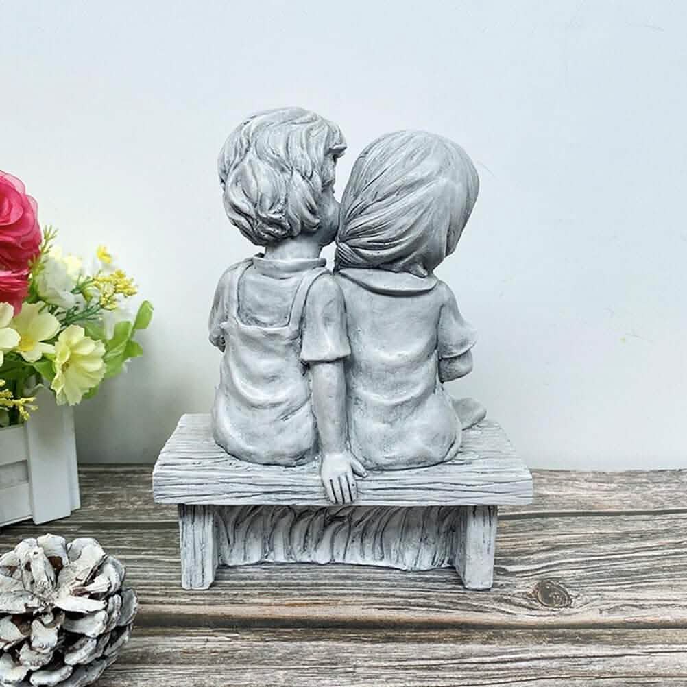 Boy Kissing Girl Statue Sitting on Bench Figurine Garden & Patio - DailySale