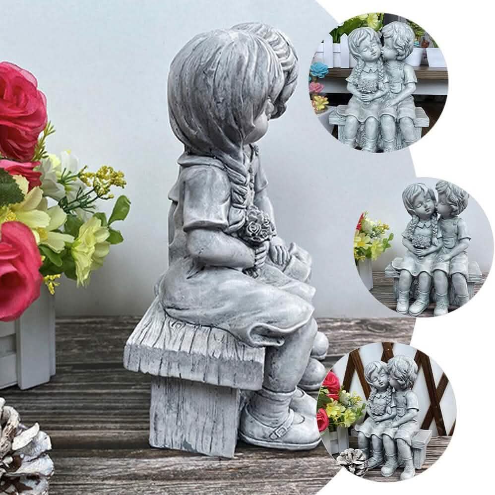 Boy Kissing Girl Statue Sitting on Bench Figurine Garden & Patio - DailySale