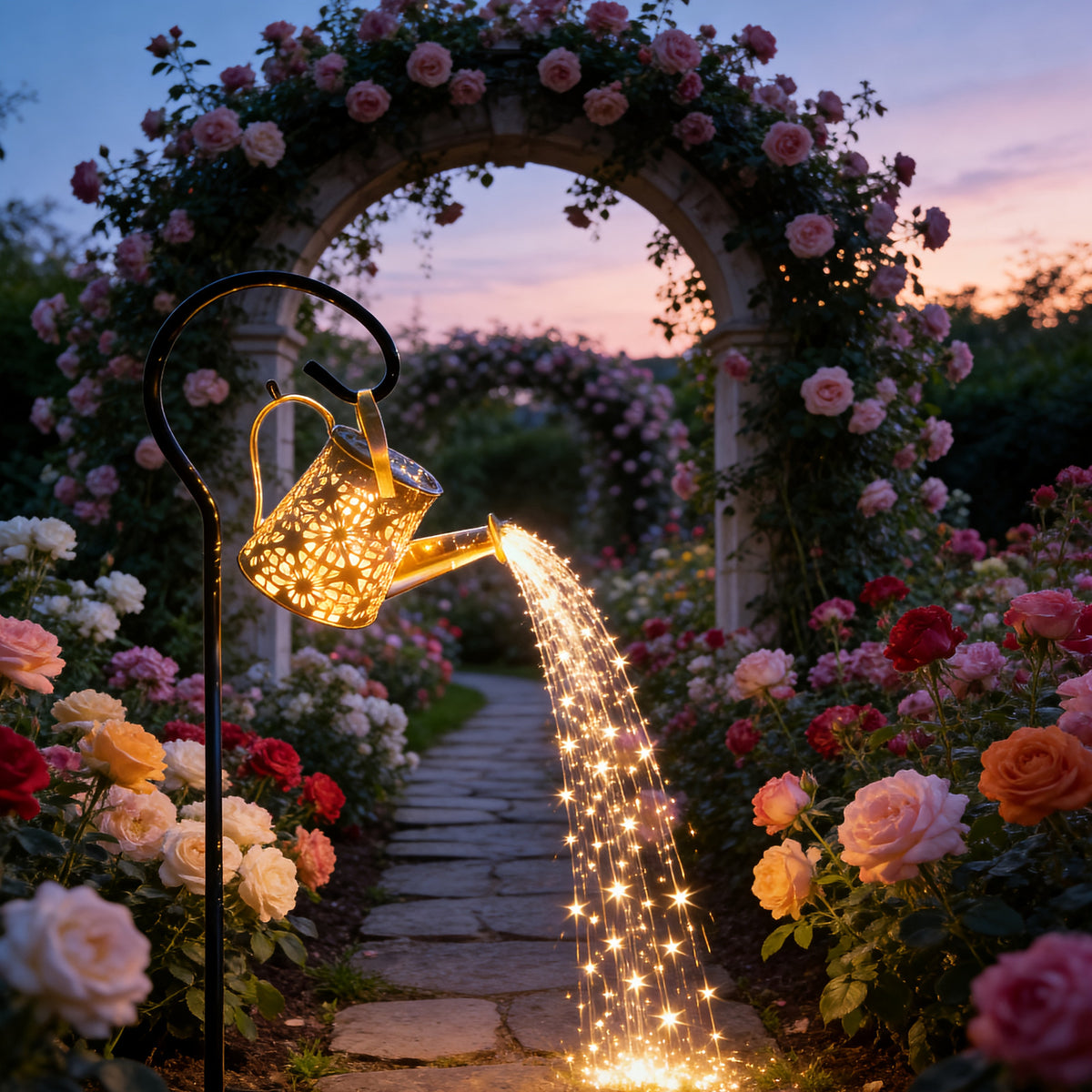 Warm white watering can light beside a rose arch and stone path at dusk