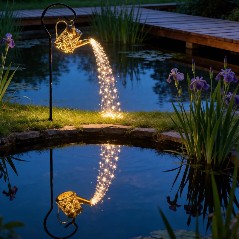 Warm white watering can light reflected in a garden pond at night