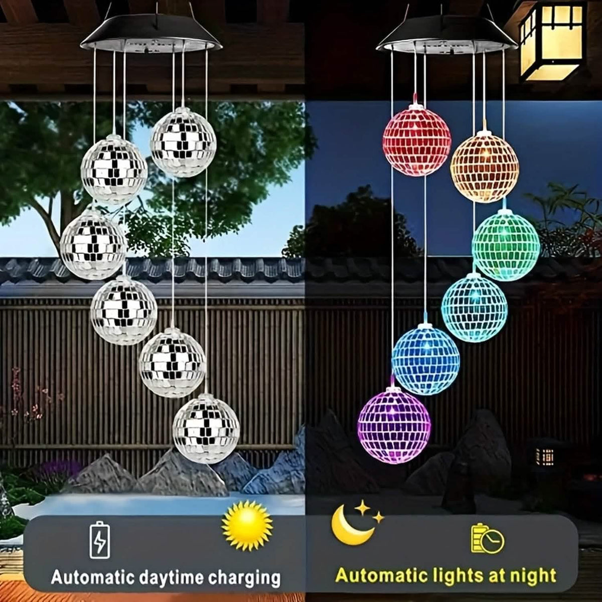 Silver mirrored balls unlit by day, lit in color by night, charging automatically