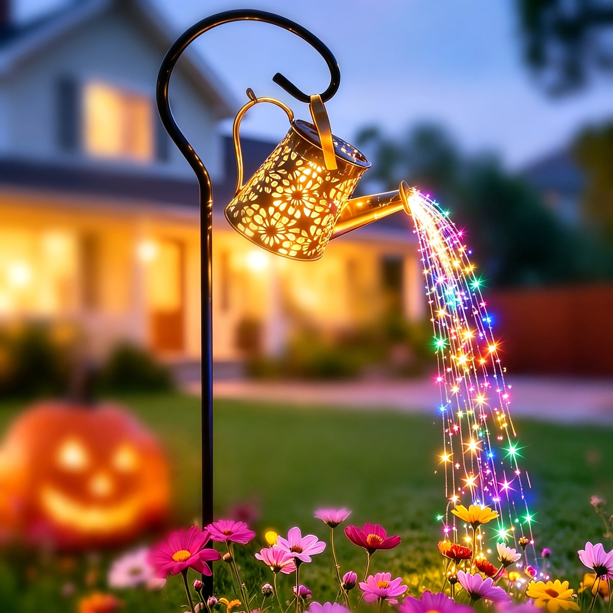 Multicolor watering can light in a front yard with a lit porch behind