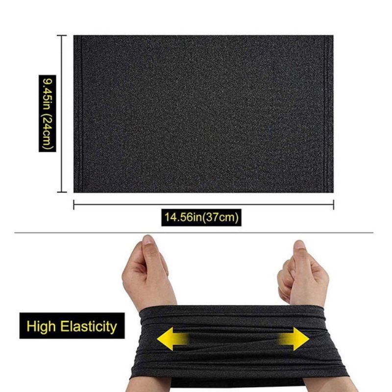 Neck gaiter measuring 9.4 inches wide by 15.3 inches long with high elasticity