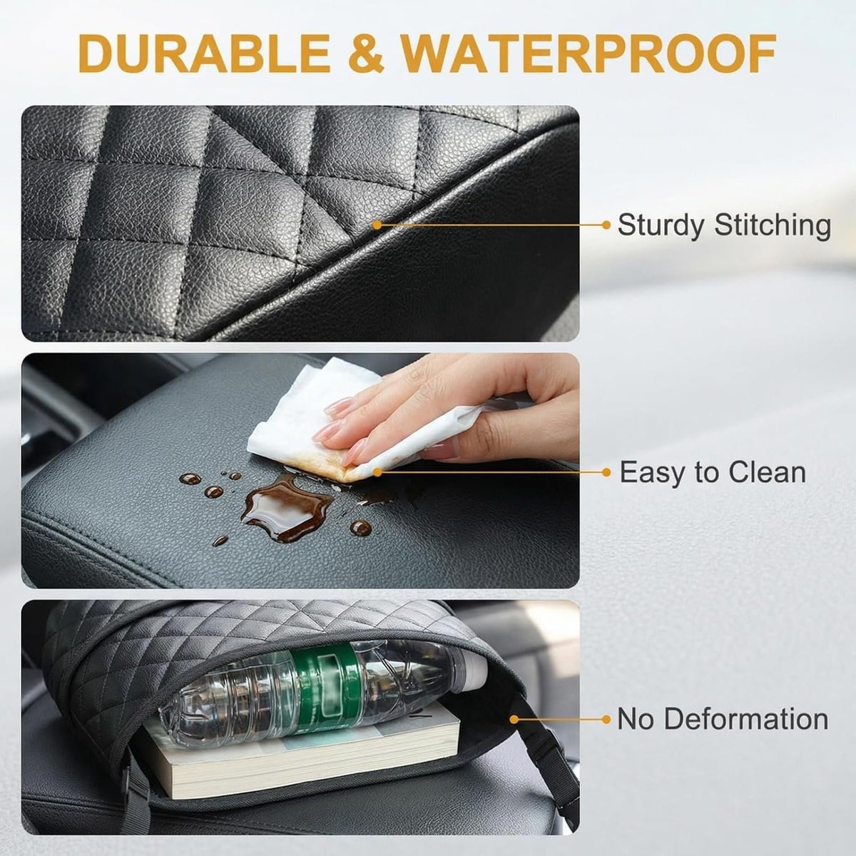 Sturdy stitching, wipe clean surface and no deformation detail
