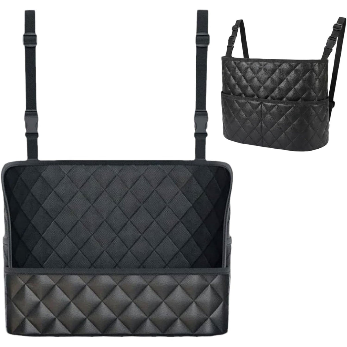 Black quilted car seat handbag holder, front and side