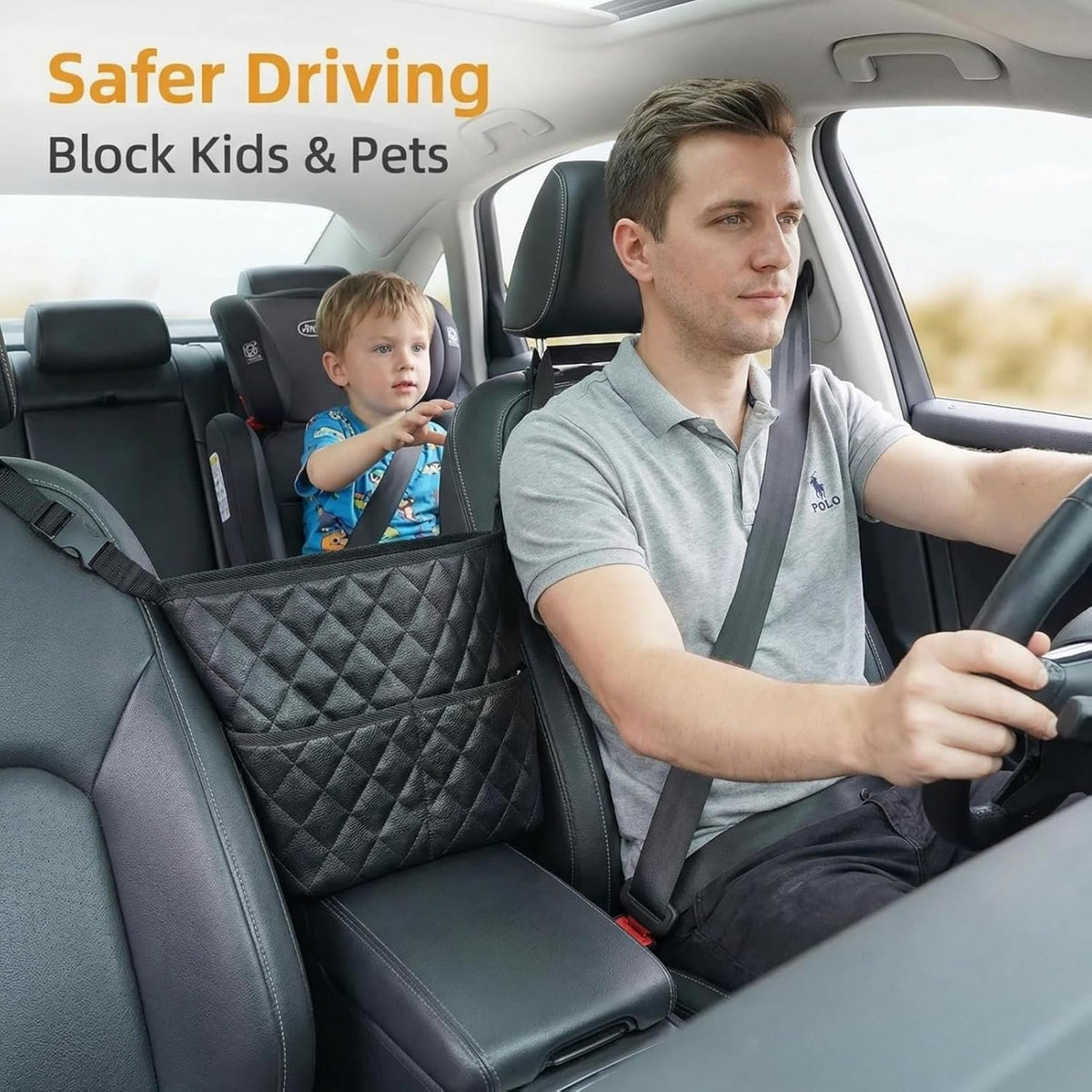 Organizer acting as a barrier between the front seats and a child in the back