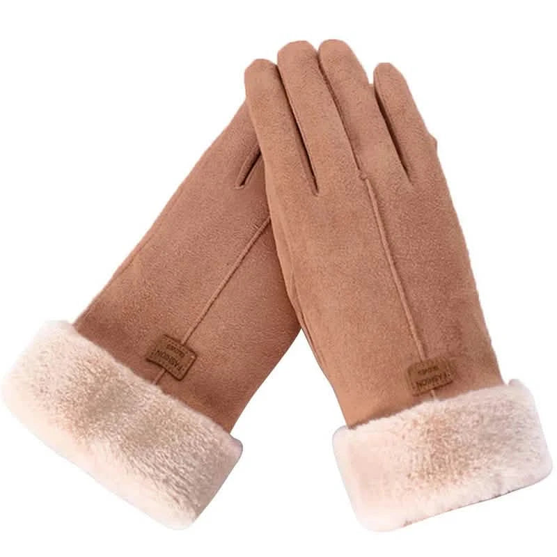 Cashmere Warm Suede Leather Plush Touch Screen Gloves Women's Shoes & Accessories Khaki - DailySale