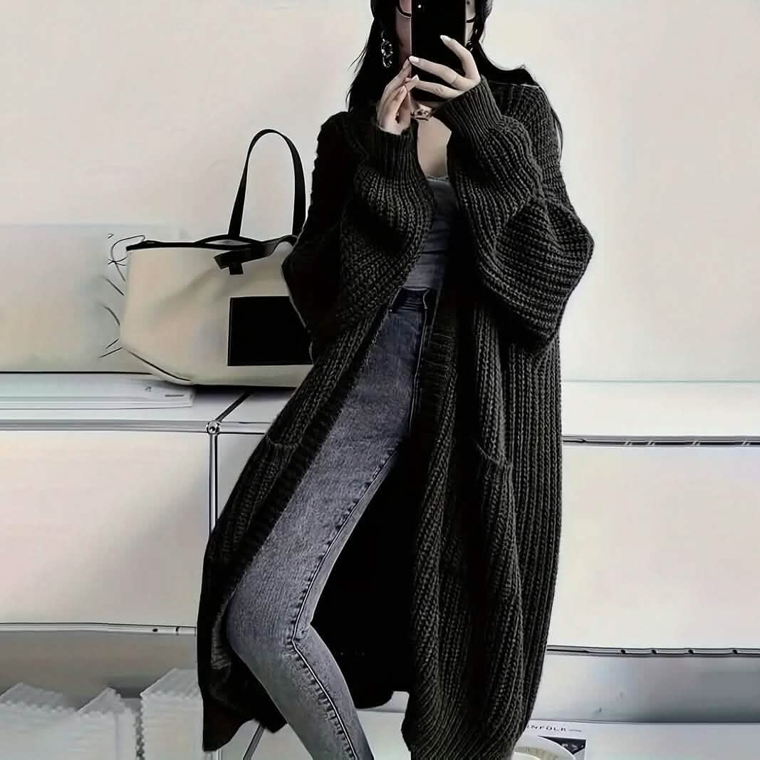 Casual Long Sleeve Drop Shoulder Long Length Outwear Cardigan Women's Outerwear Black XS - DailySale