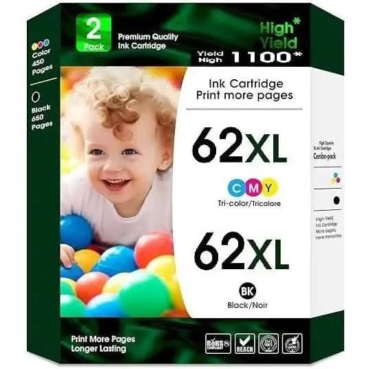 62/62XL Black & Color Ink Cartridge for HP Envy, OfficeJet & DeskJet
