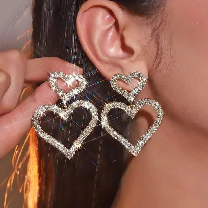 Chic Double Heart Rhinestone Stud Earrings Earrings Gold - DailySale
