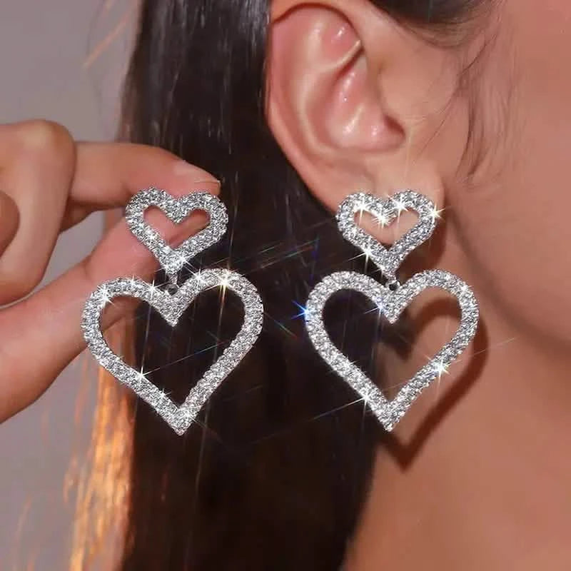 Chic Double Heart Rhinestone Stud Earrings Earrings Silver - DailySale