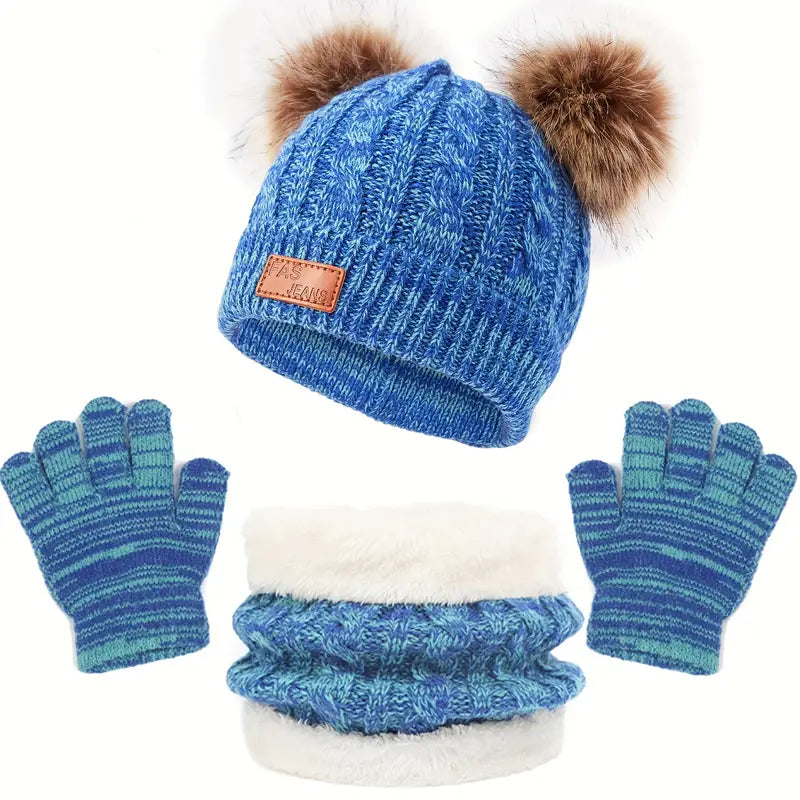 Children's Winter Knitted Wool Lining Warm Hat, Scarf, Glove Set For 2-5 Year Old Boys And Girls Kids' Clothing Blue - DailySale