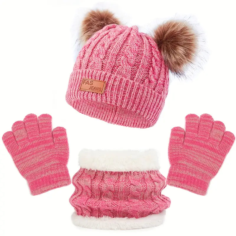 Children's Winter Knitted Wool Lining Warm Hat, Scarf, Glove Set For 2-5 Year Old Boys And Girls Kids' Clothing Pink/White - DailySale