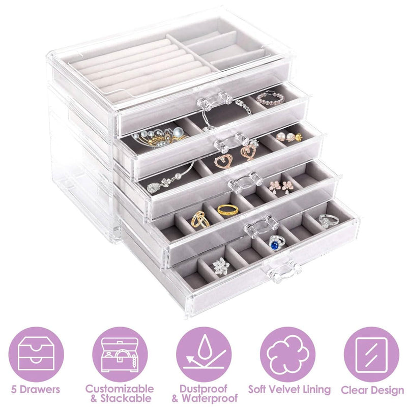 Clear Acrylic Jewelry Box Organizer with 5 Stackable Drawers Closet & Storage - DailySale