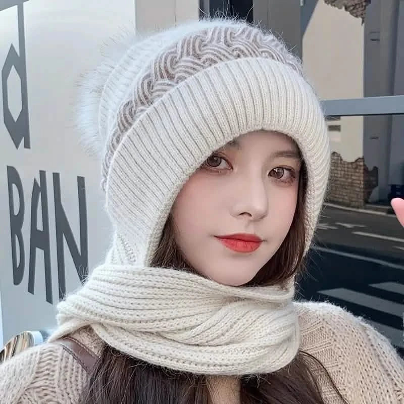 Coldproof Warm Beanie With Pom Classic Hooded Scarf Elastic Knit Hats Warm Beanies Women's Shoes & Accessories Light Khaki - DailySale