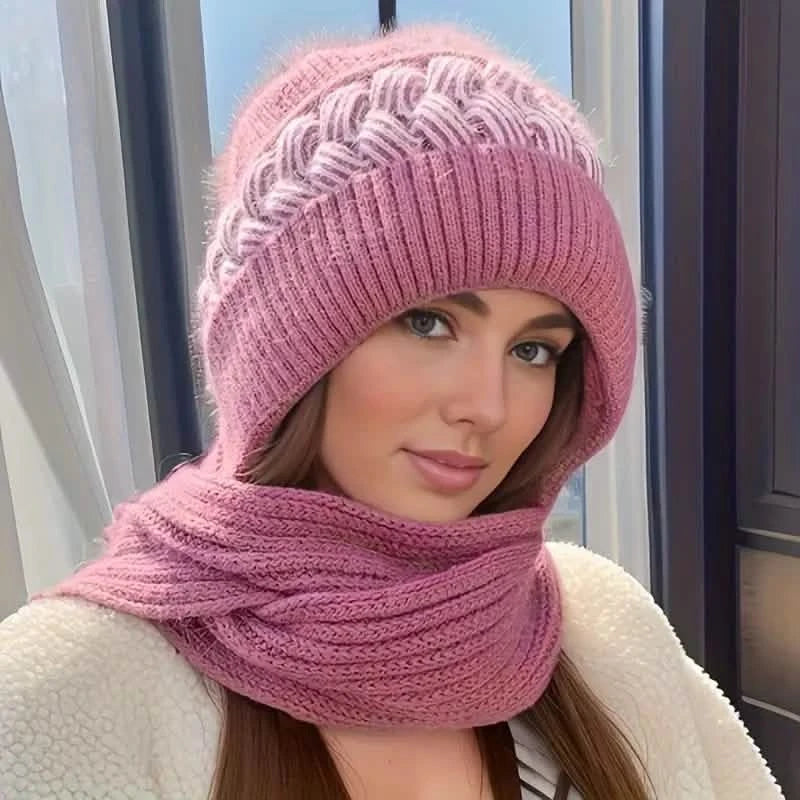 Coldproof Warm Beanie With Pom Classic Hooded Scarf Elastic Knit Hats Warm Beanies Women's Shoes & Accessories Rose - DailySale