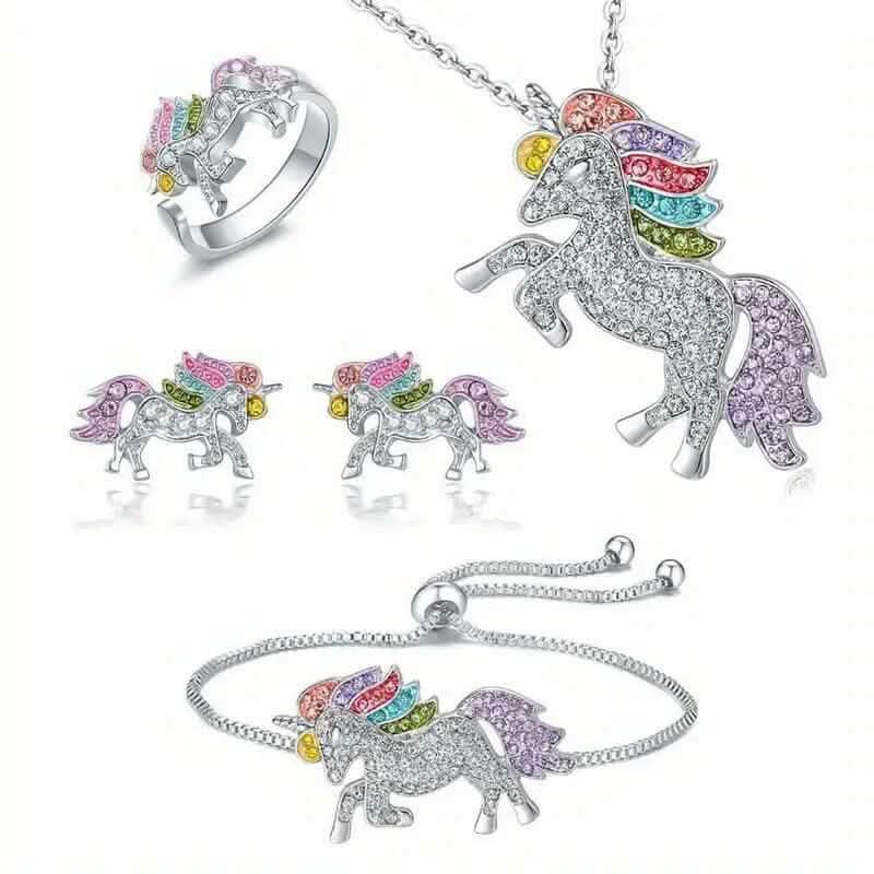 Colorful Cartoon-Themed Unicorn Earrings, Necklace, Ring & Bracelet Jewelry Set Necklaces - DailySale