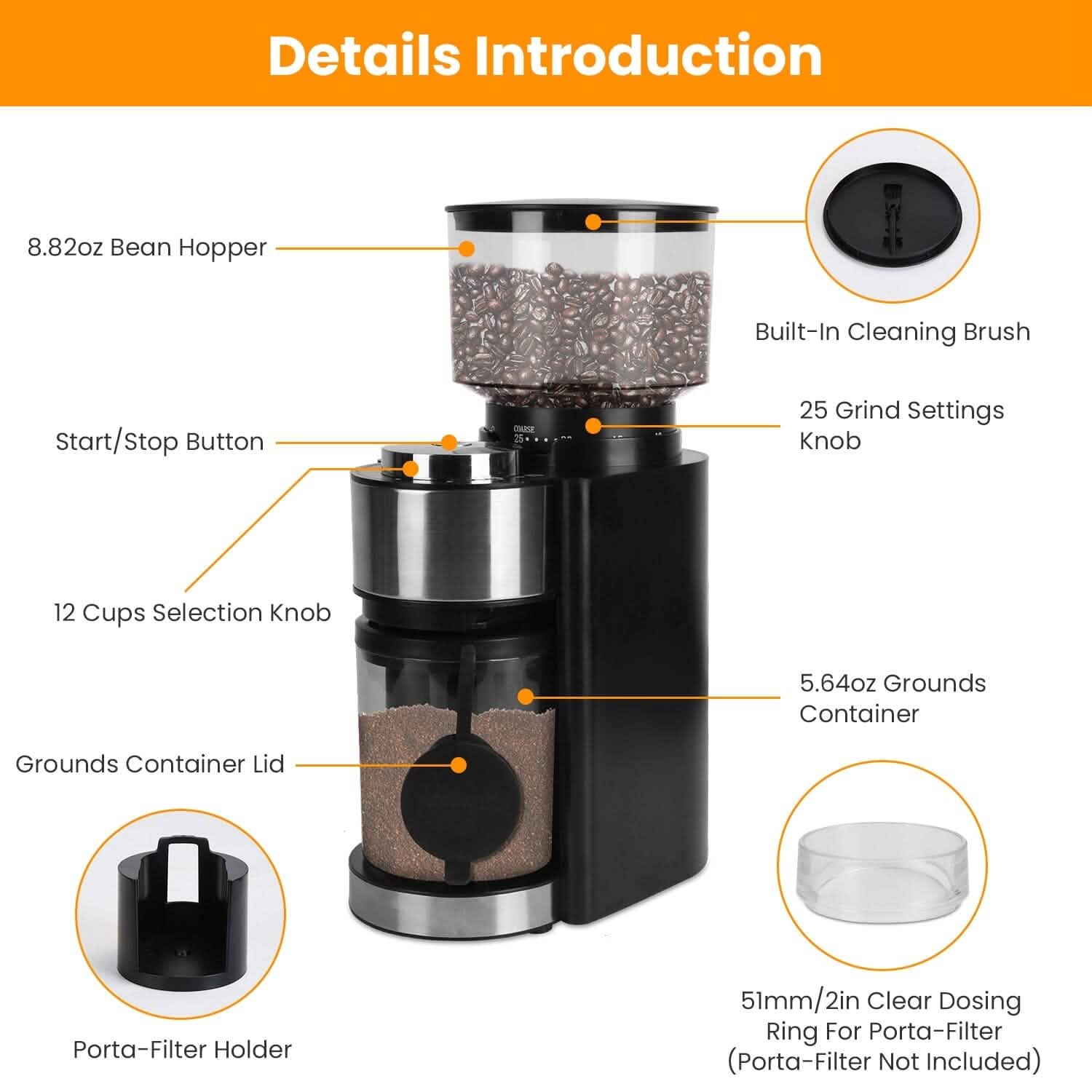 Conical Bur Coffee Bean Electric Grinder with 25 Grind Settings Kitchen Appliances - DailySale