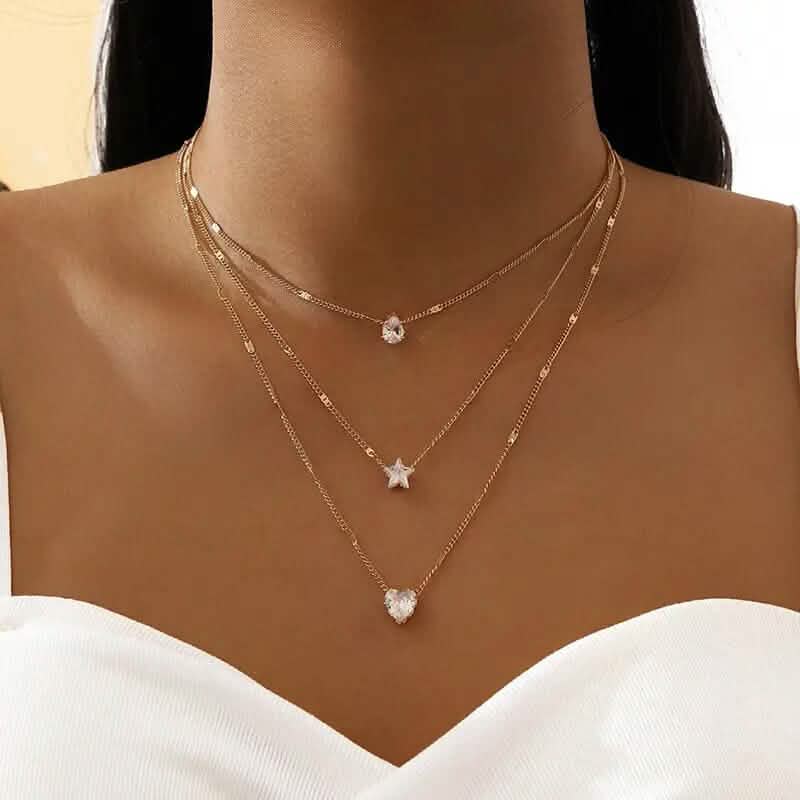 Crystal Zirconia Heart Star Charm Layered Pendant Necklace Necklaces - DailySale