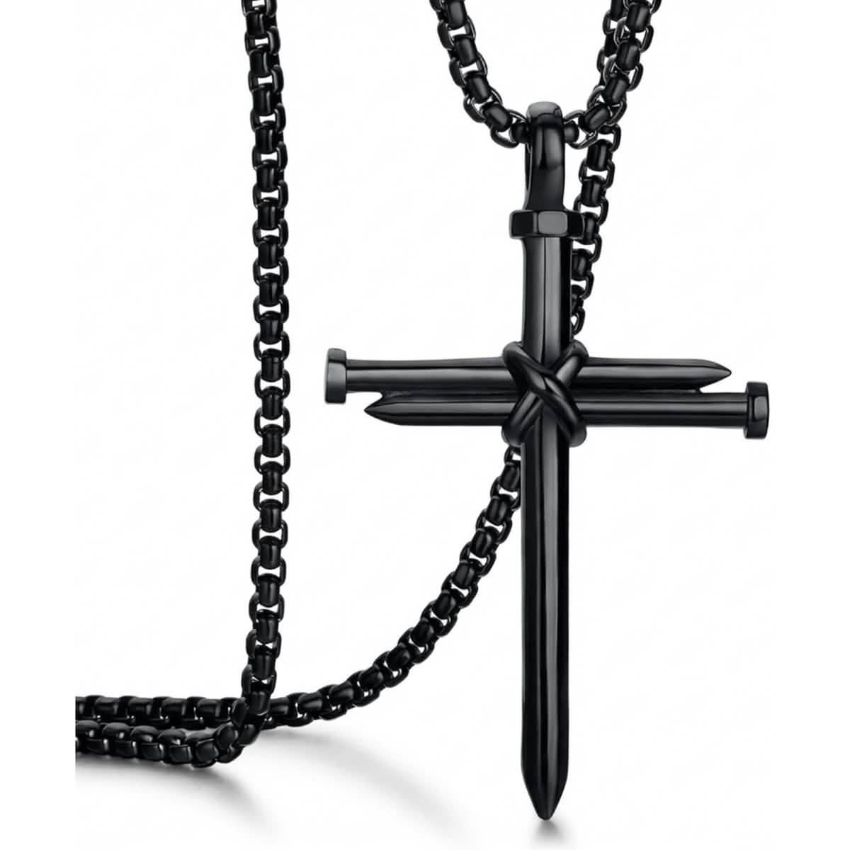 Black nail cross pendant on a matching box chain