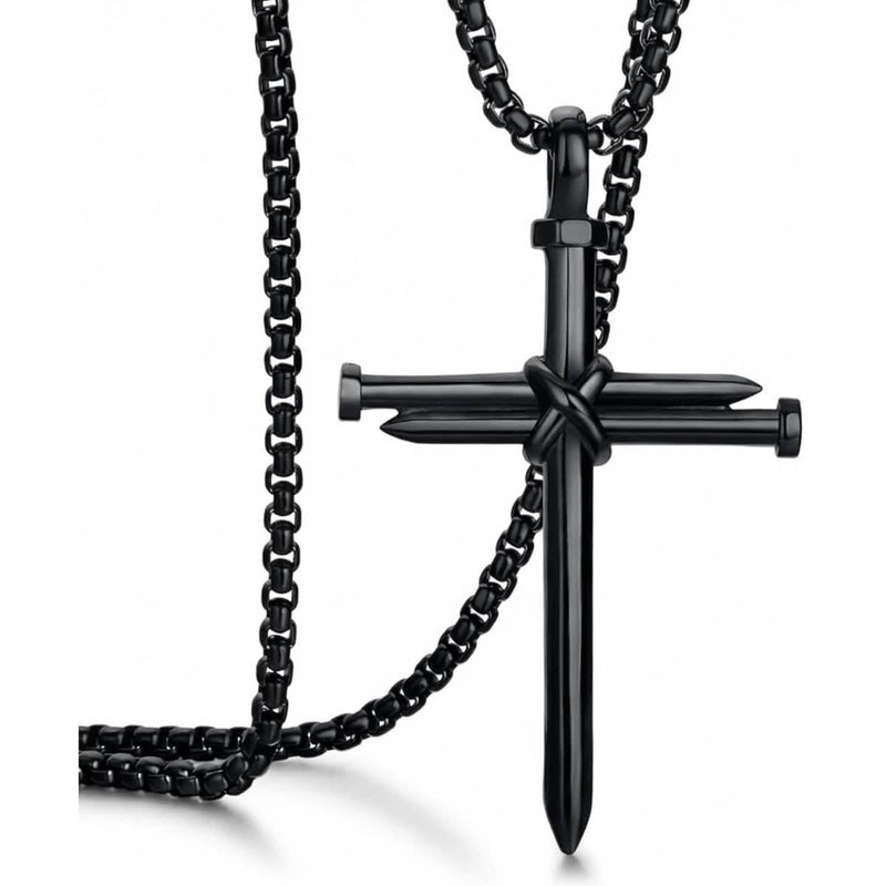 Black nail cross pendant on a matching box chain