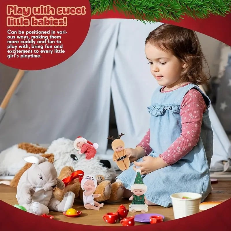 Young girl playing with the mini dolls and soft toys on a rug