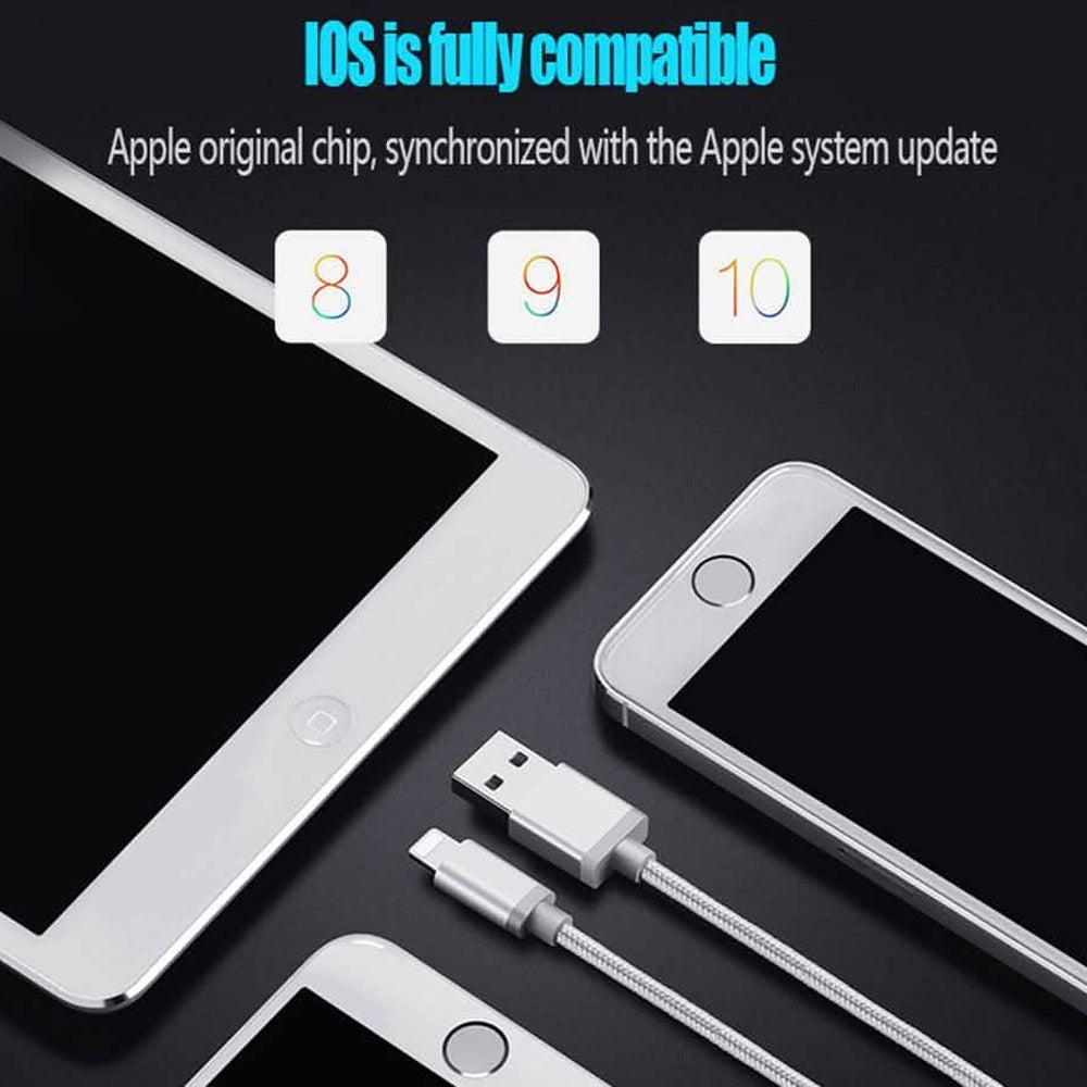 10 foot braided Lightning USB cable shown with iPhone and iPad