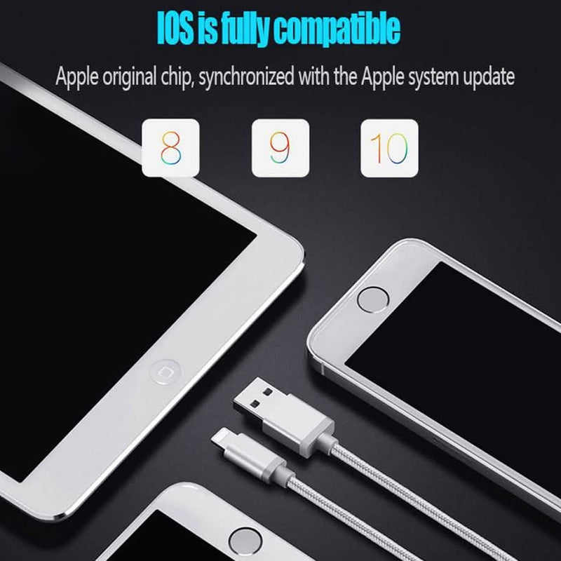 10 foot braided Lightning USB cable shown with iPhone and iPad