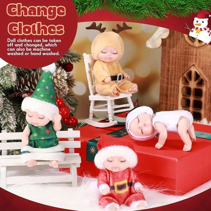 Dolls with outfits removed and swapped, shown on a miniature rocking chair and bench