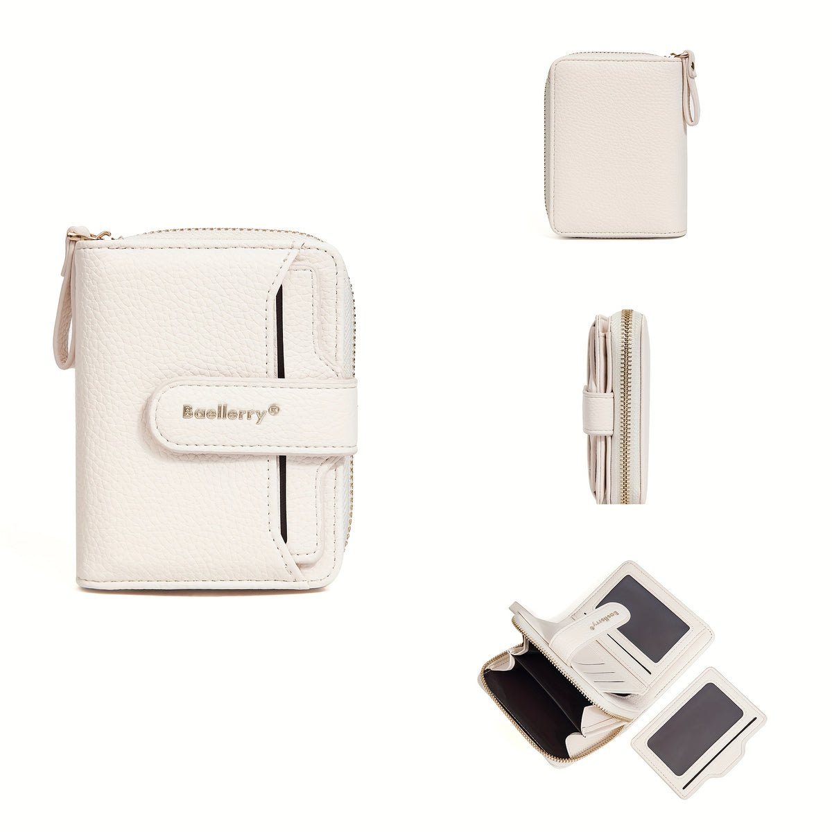 Ivory compact zip bifold wallet, closed and open views