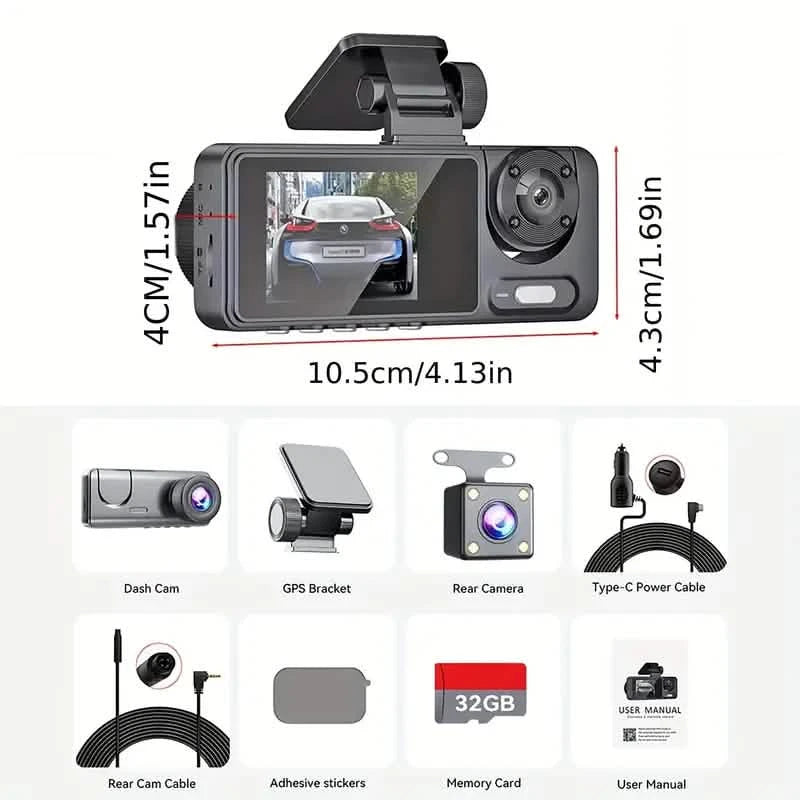 Dash Cam, 3 Channel Dash Cam, 1080P Dash Cam Front And Inside And Rear, Triple Dash Cam, Dash Camera With 32GB Card, Night Vision, HDR, G-Sensor, 24Hrs Parking, 170°Wide Angle, Front Rear Dash Cam Loop Recording Automotive - DailySale
