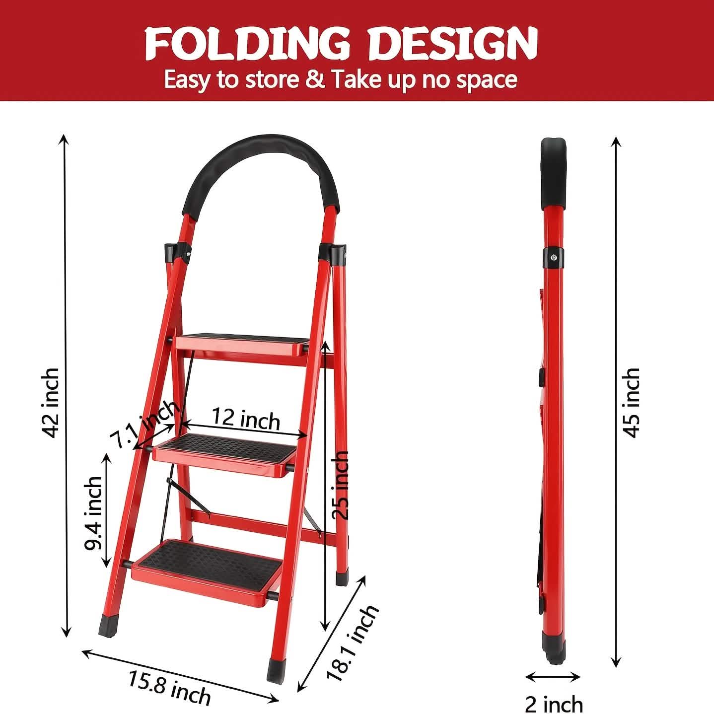 Folding 3/4-Step Ladder – Portable Steel Step Stool, Anti-Slip