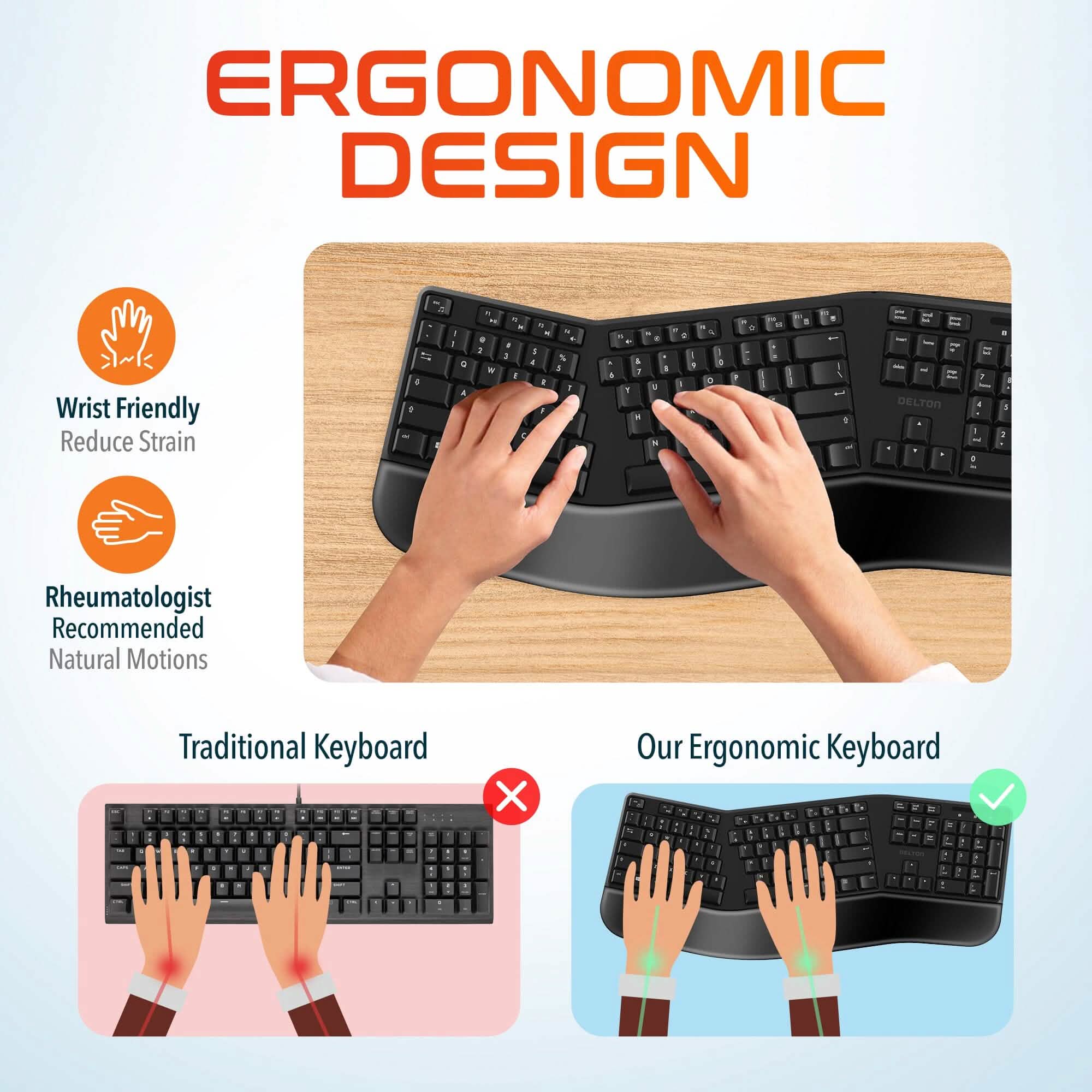 Delton KB200 Wireless Ergonomic Computer Keyboard, Full-Size Keyboard Computer Accessories - DailySale