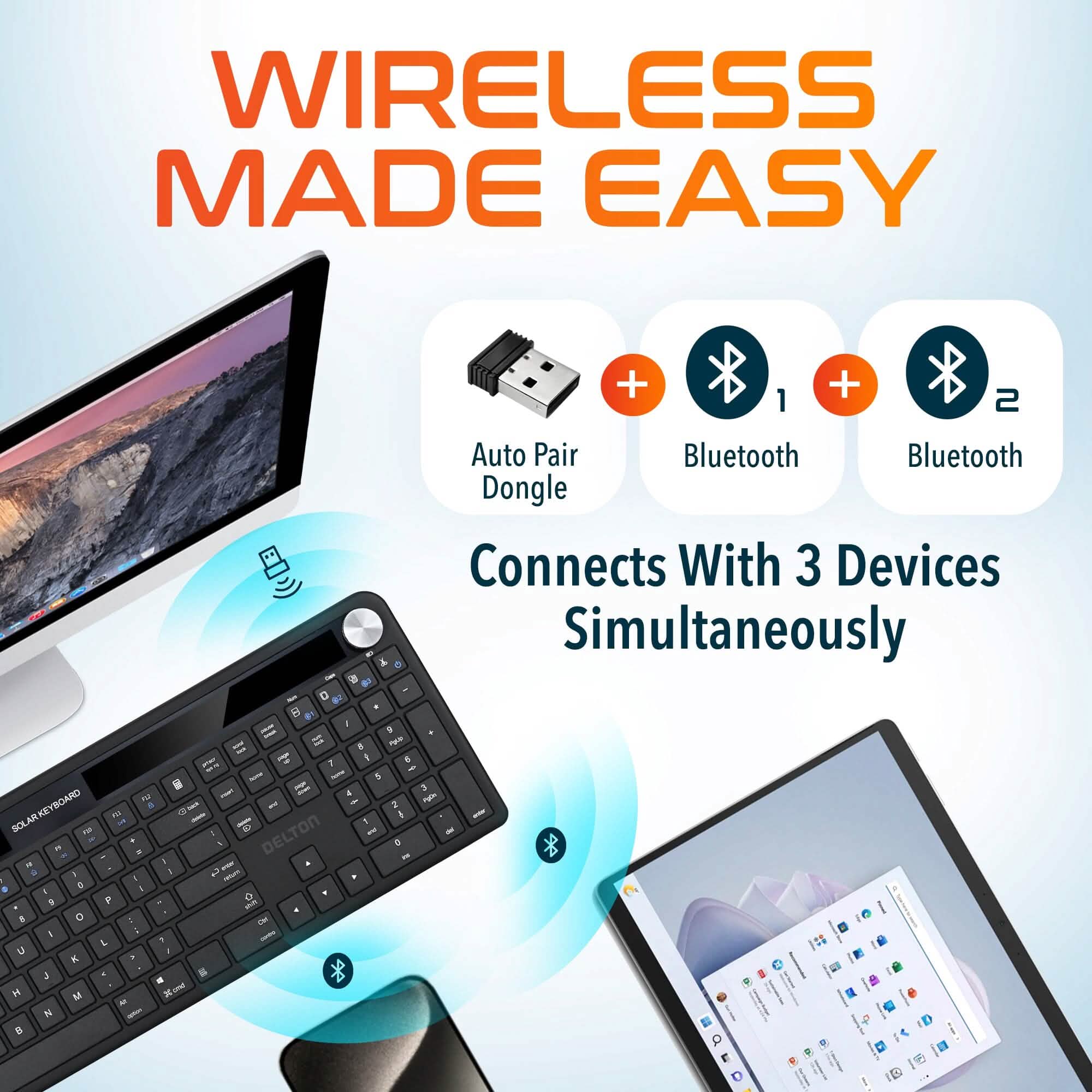 Delton KB90 Wireless Solar Keyboard, Rechargeable Wireless Keyboard with Quiet Keys, Solar Recharging Keyboard, Bluetooth Keyboard for Computer /Desktop /PC /Laptop /Windows. Computer Accessories - DailySale