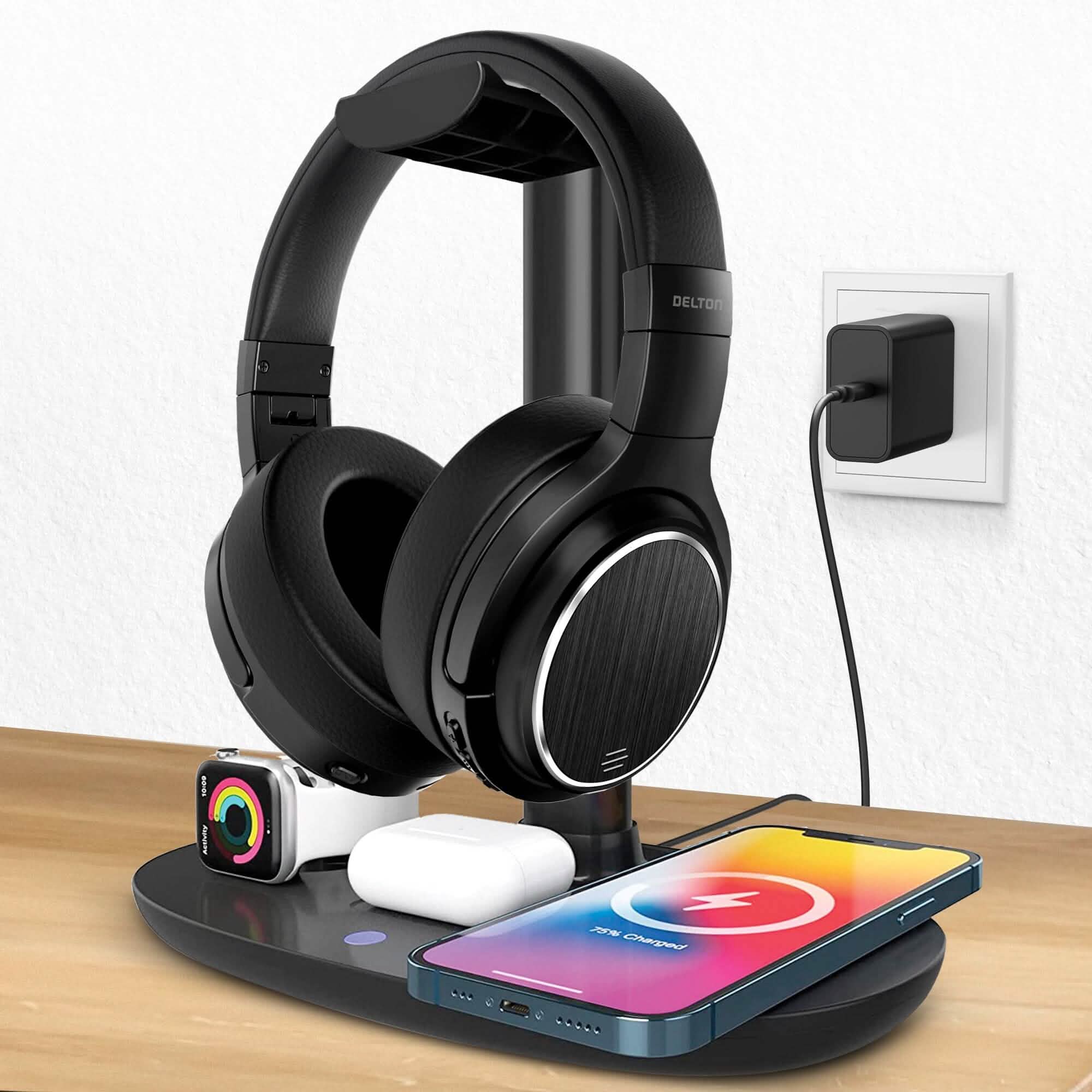 Delton M101 Wireless Computer Headset with Microphone for work, Bluetooth headset with Noise Cancelling Mic, Headset Holder & Charging Station for Apple Smart Watch, Air Pods, iPhone, Support 20W Fast Charging Headphones - DailySale