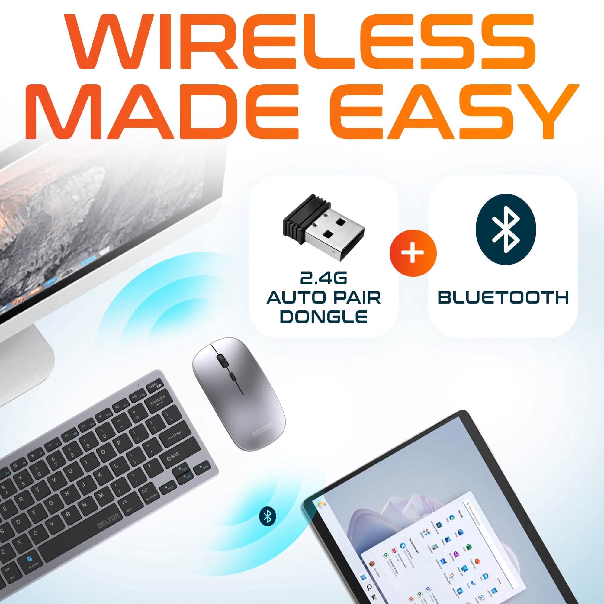 Delton N35 Wireless Keyboard and Mouse, Bluetooth Keyboard Mouse Combo Auto Pair USB Dongle Computer Accessories - DailySale