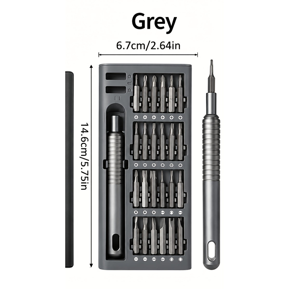 Dimensions: case 14.6 centimeters by 6.7 centimeters, 5.75 by 2.64 inches