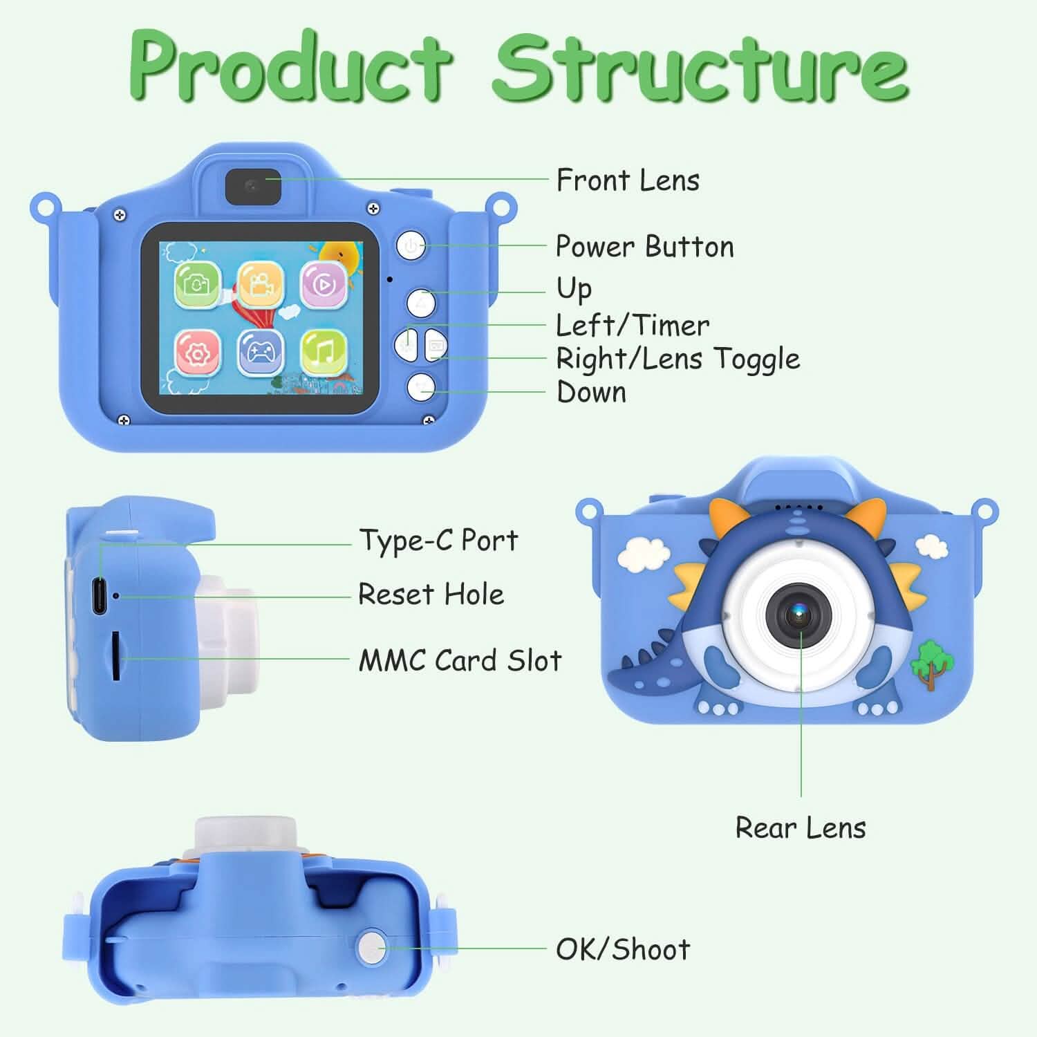 Dinosaur Kids Selfie 48MP 1080P HD Cartoon Digital Camera Cameras & Drones - DailySale