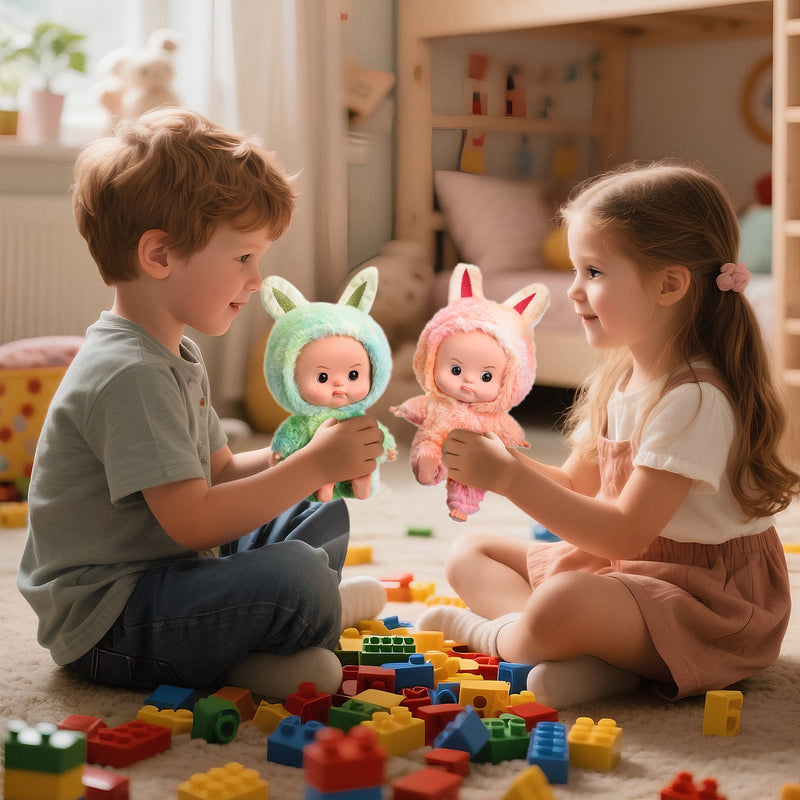 Two children playing with the dolls